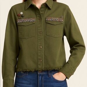 Beautiful Stories XS Women’s Olive Green Embroidered Utility Jacket Fringe Hem